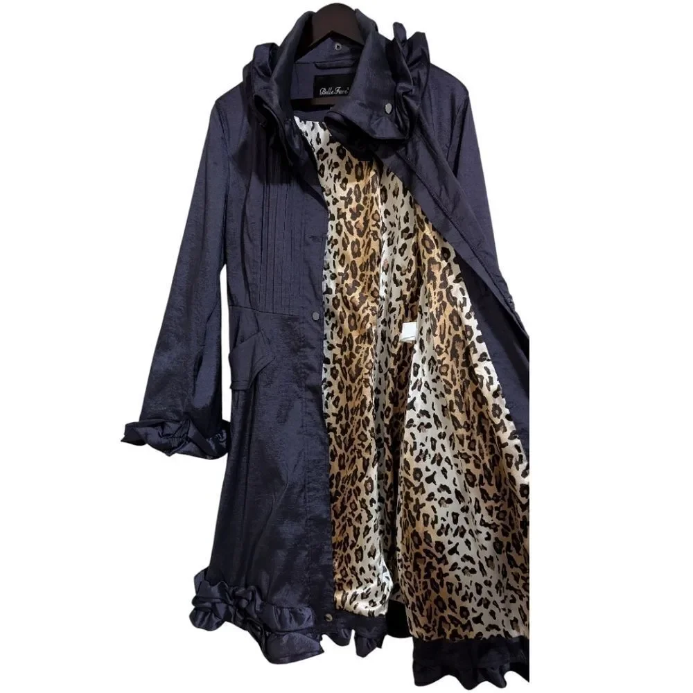Belle Fare Purple Ruffled Trench Coat Belted with Leopard Lining Women's Medium